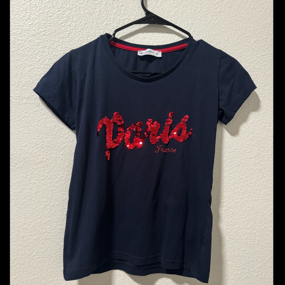 Navy Blue Women's Tee with Red Sequin Paris Design